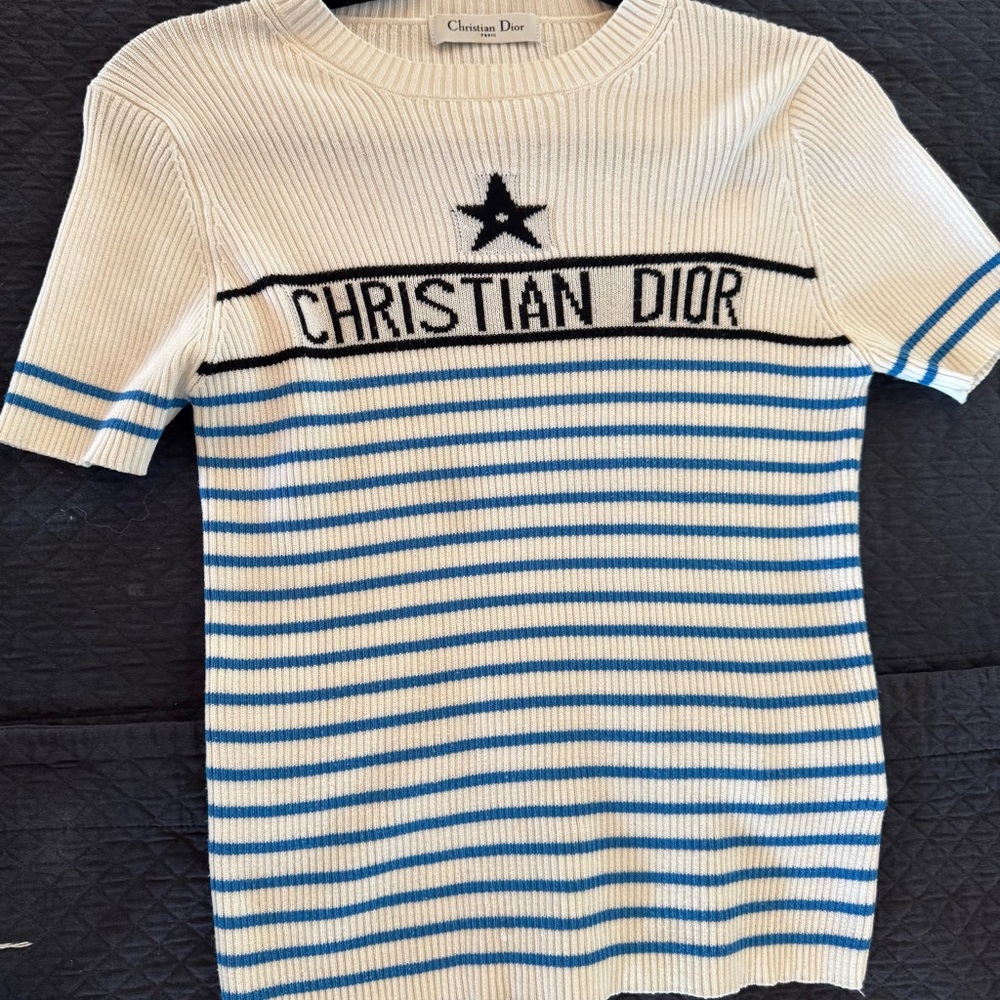 Dior White and Blue Short Sleeve Tee with Nautical Stripes